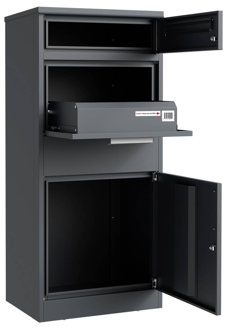 Cabinet de boîtes aux lettres en métal noir avec trois compartiments et portes ouvertes, incluant un tiroir extractible et une petite étiquette avec code-barres.