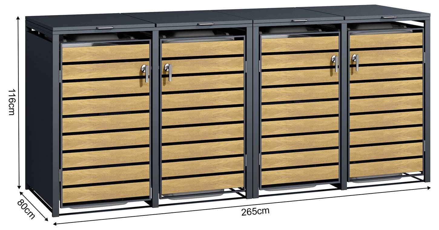 Illustration d'une grande unité de rangement extérieur à quatre compartiments avec portes en bois et cadre noir, mesurant 265 cm de large, 80 cm de profondeur et 116 cm de hauteur.