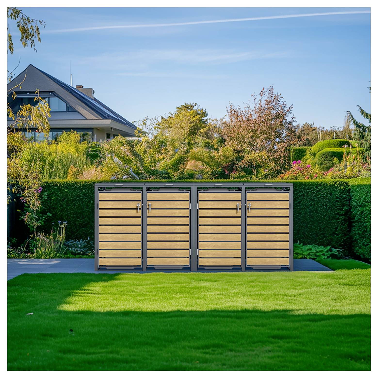 Armoire de rangement extérieure en bois à quatre sections sur une pelouse, avec une haie et une maison en arrière-plan par une journée ensoleillée.