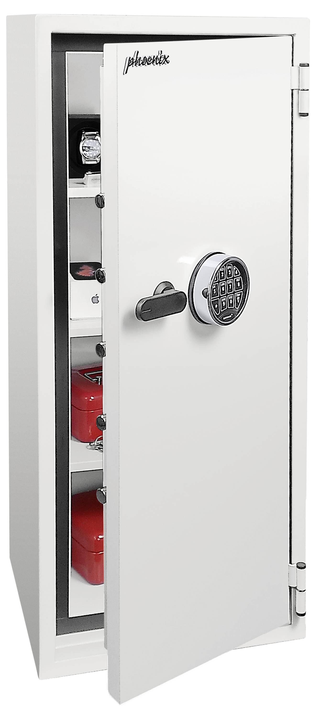 Coffre-fort de sécurité Phoenix blanc ouvert avec serrure à combinaison, montrant les étagères et les boîtes de rangement rouge à l'intérieur.
