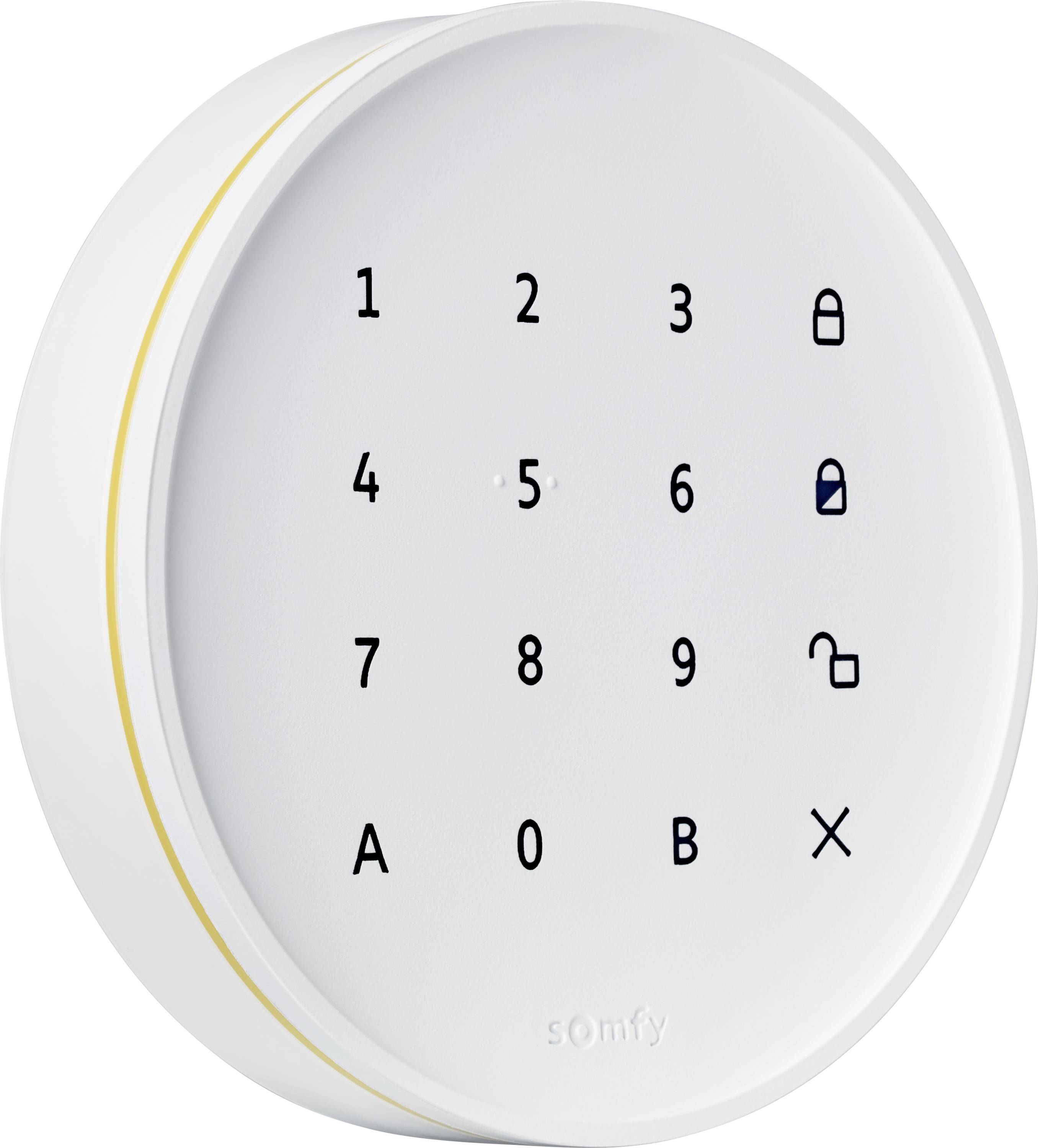 Clavier électronique rond Somfy avec chiffres 1-9, A, 0, B, et icônes verrouillage/déverrouillage pour accès à porte ou système de sécurité.