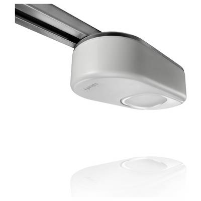 Moteur d'ouverture de porte de garage Philips monté sur rail de plafond, présenté dans les vues de produit gris et blanc.