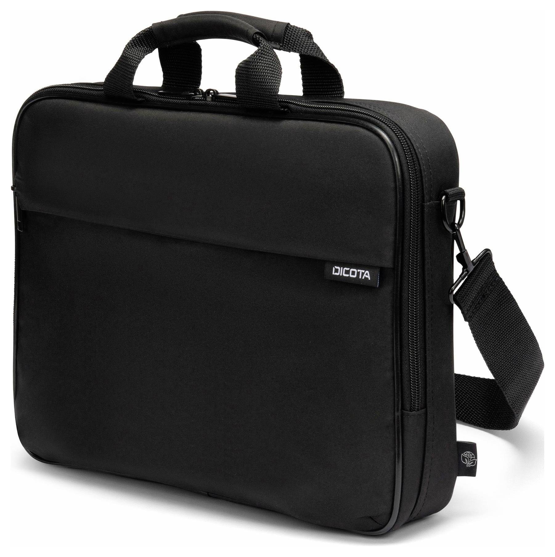 Étui de transport pour ordinateur portable DICOTA noir avec poignées et sangle d'épaule sur fond blanc.