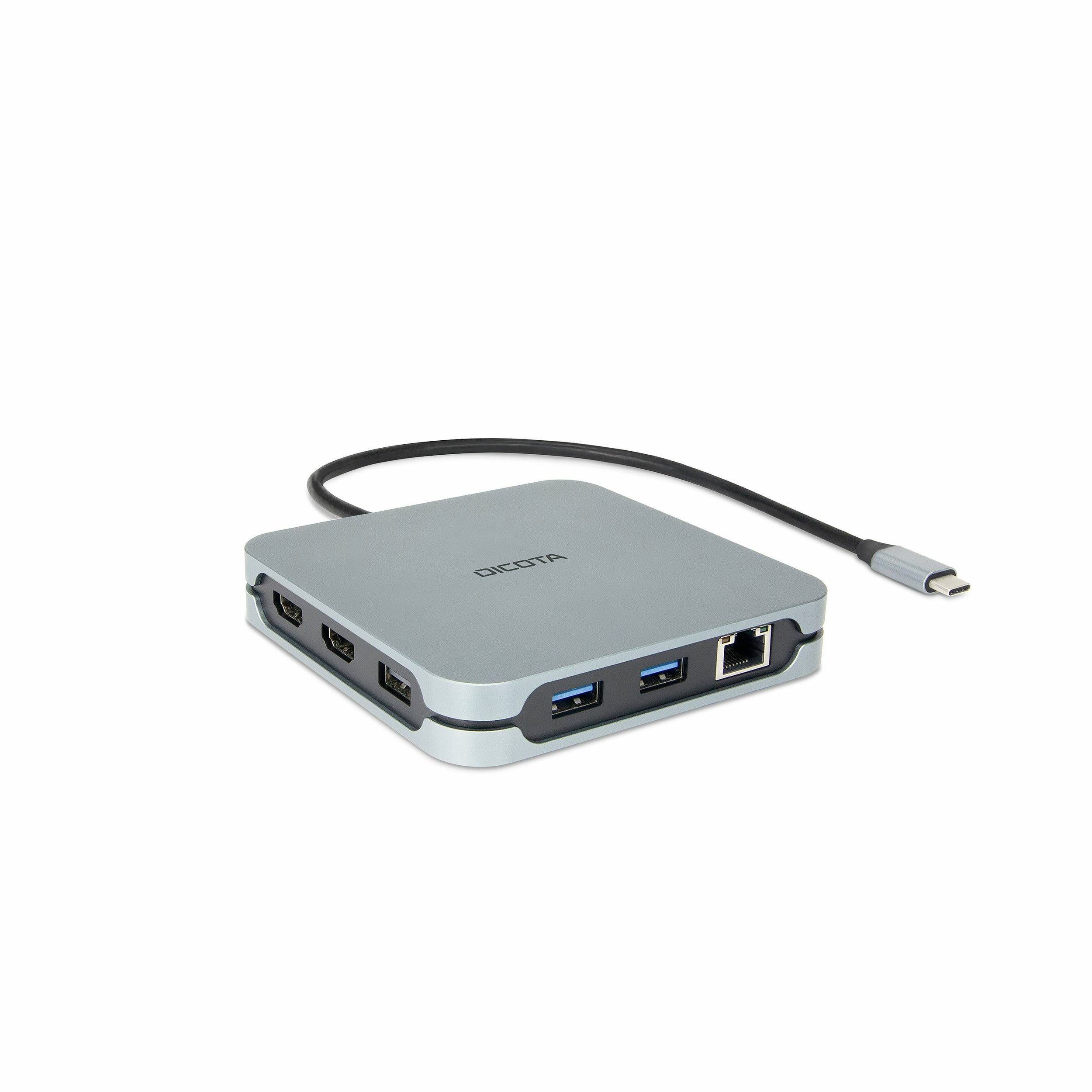 Hub USB-C compact avec câble attaché, affichant de multiples ports notamment HDMI, USB-A et Ethernet.