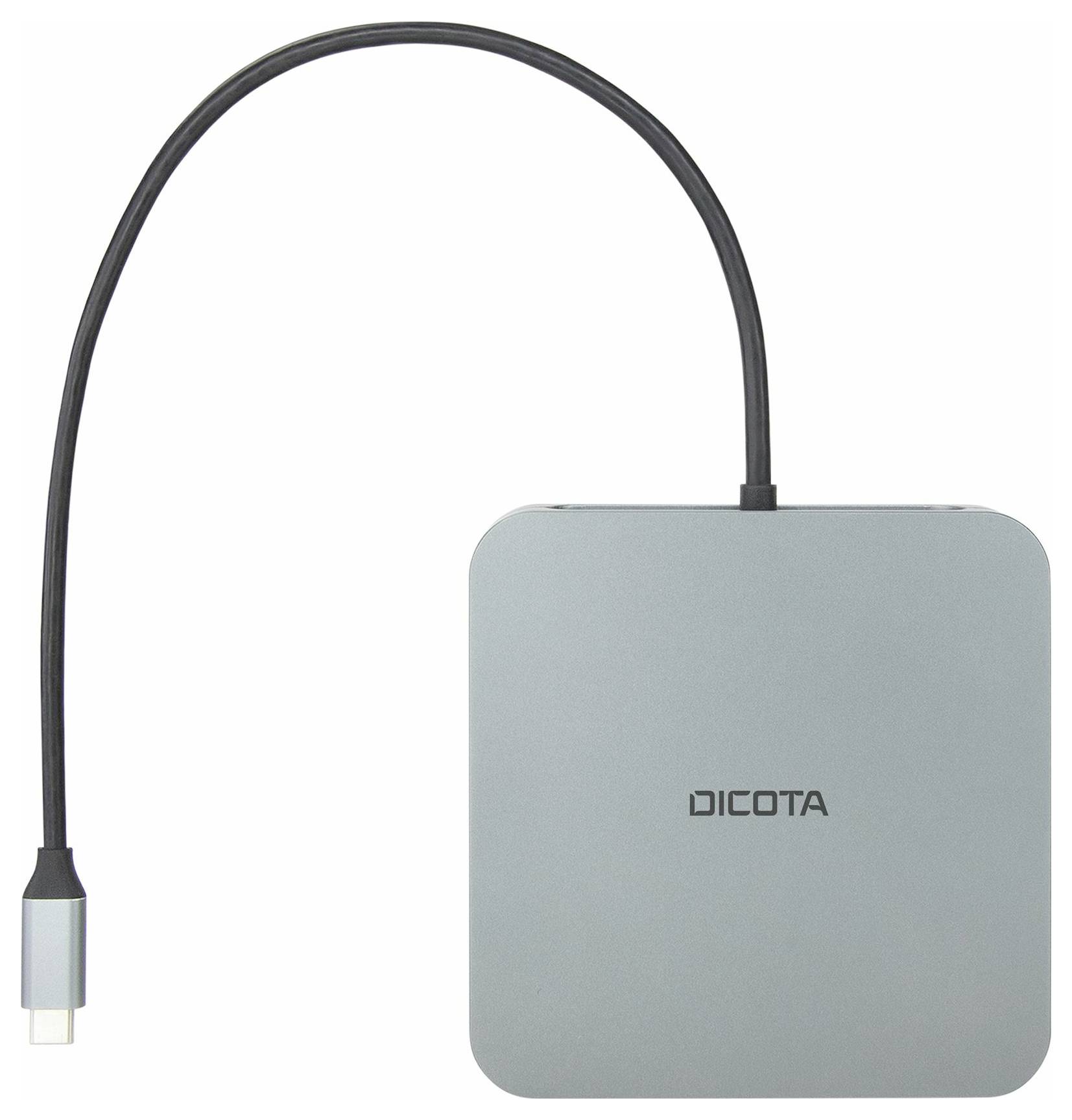 Hub USB-C Silver Dicota avec câble noir court attaché et connecteur, montré sur fond blanc.