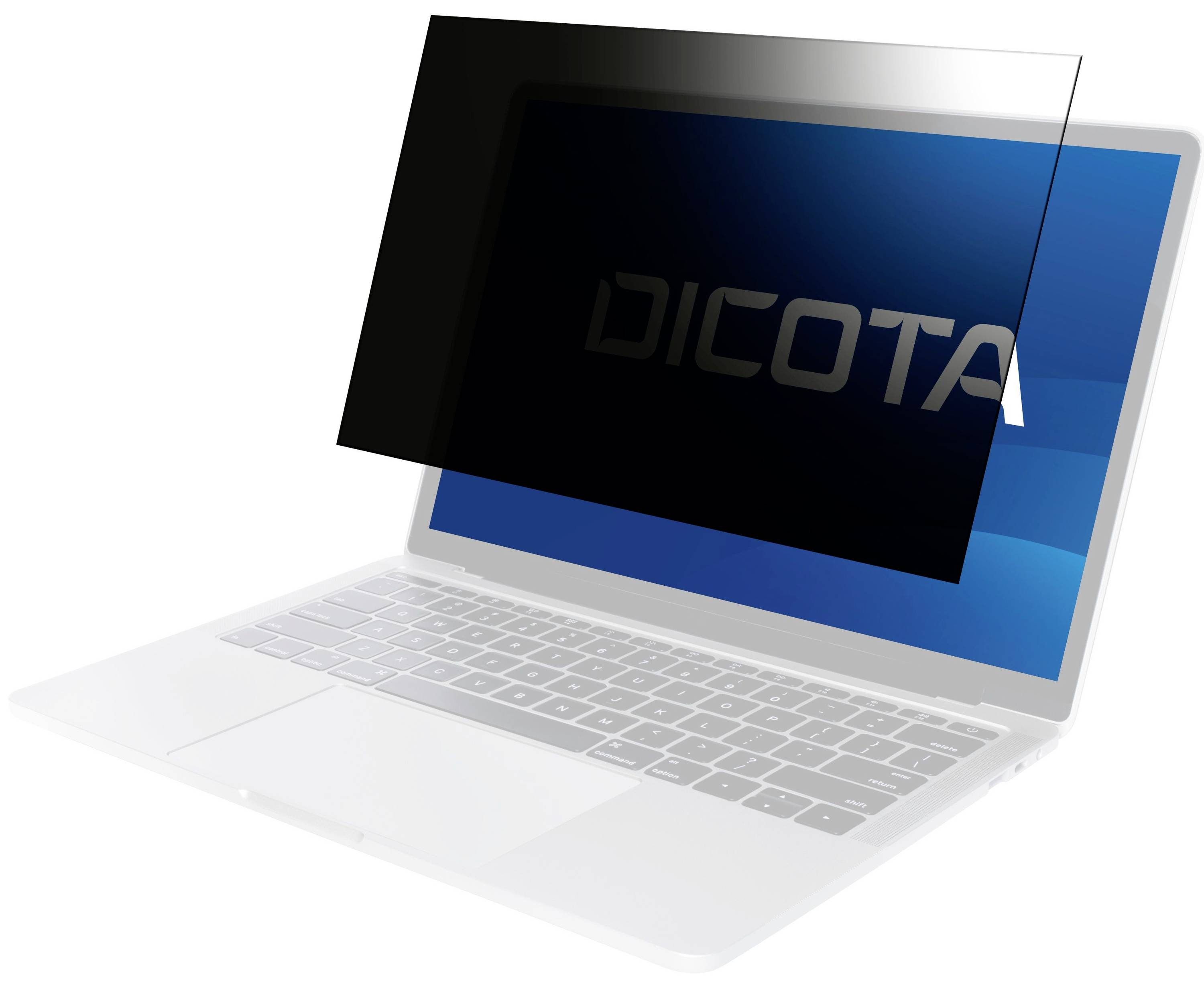 Écran d'ordinateur portable avec un filtre de confidentialité sombre étiqueté « DICOTA » bloquant l'affichage