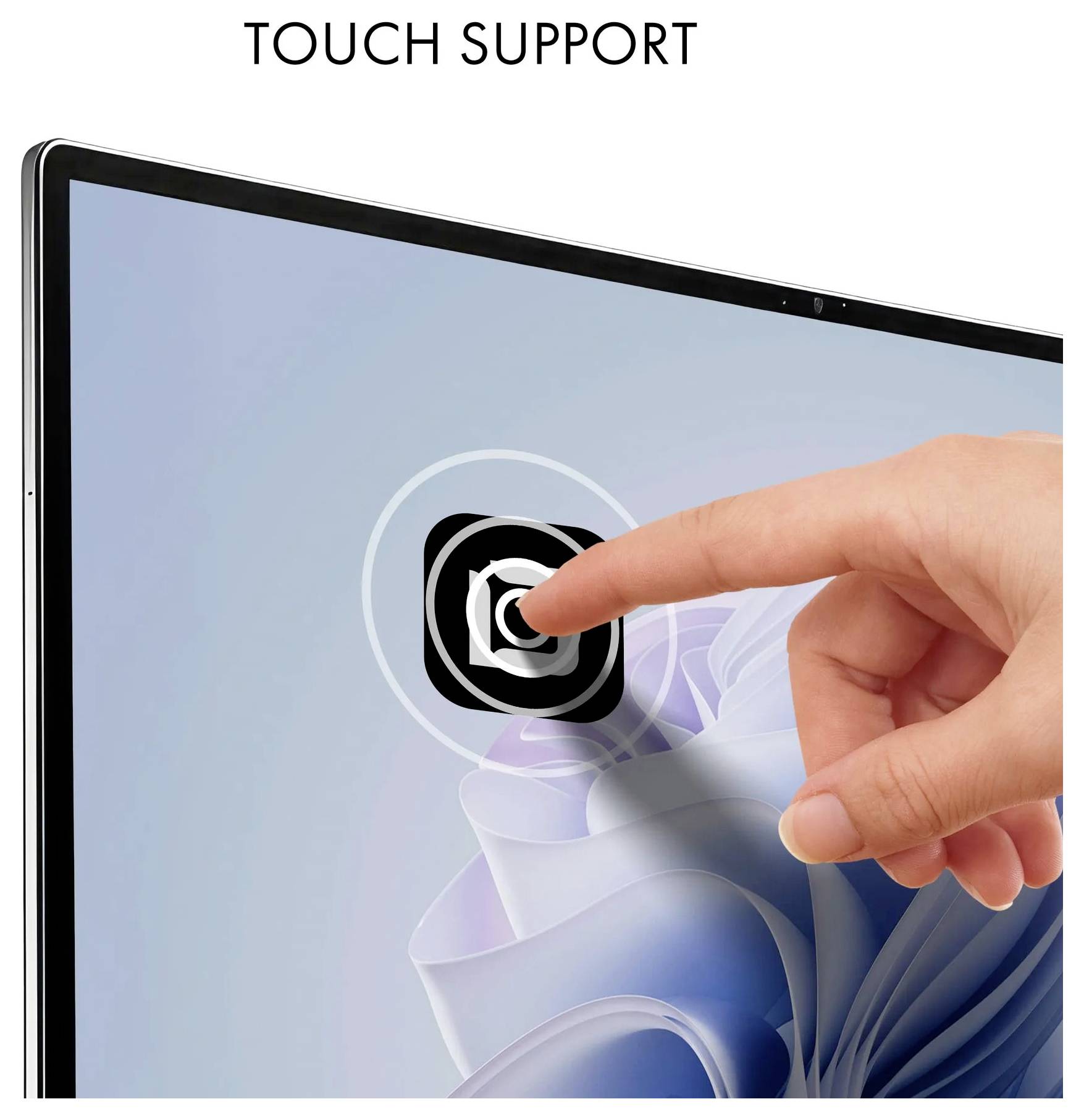 Doigt touchant l'écran tactile d'un ordinateur portable étiqueté « SUPPORT TACTILE », montrant l'interaction tactile sur un écran d'ordinateur.