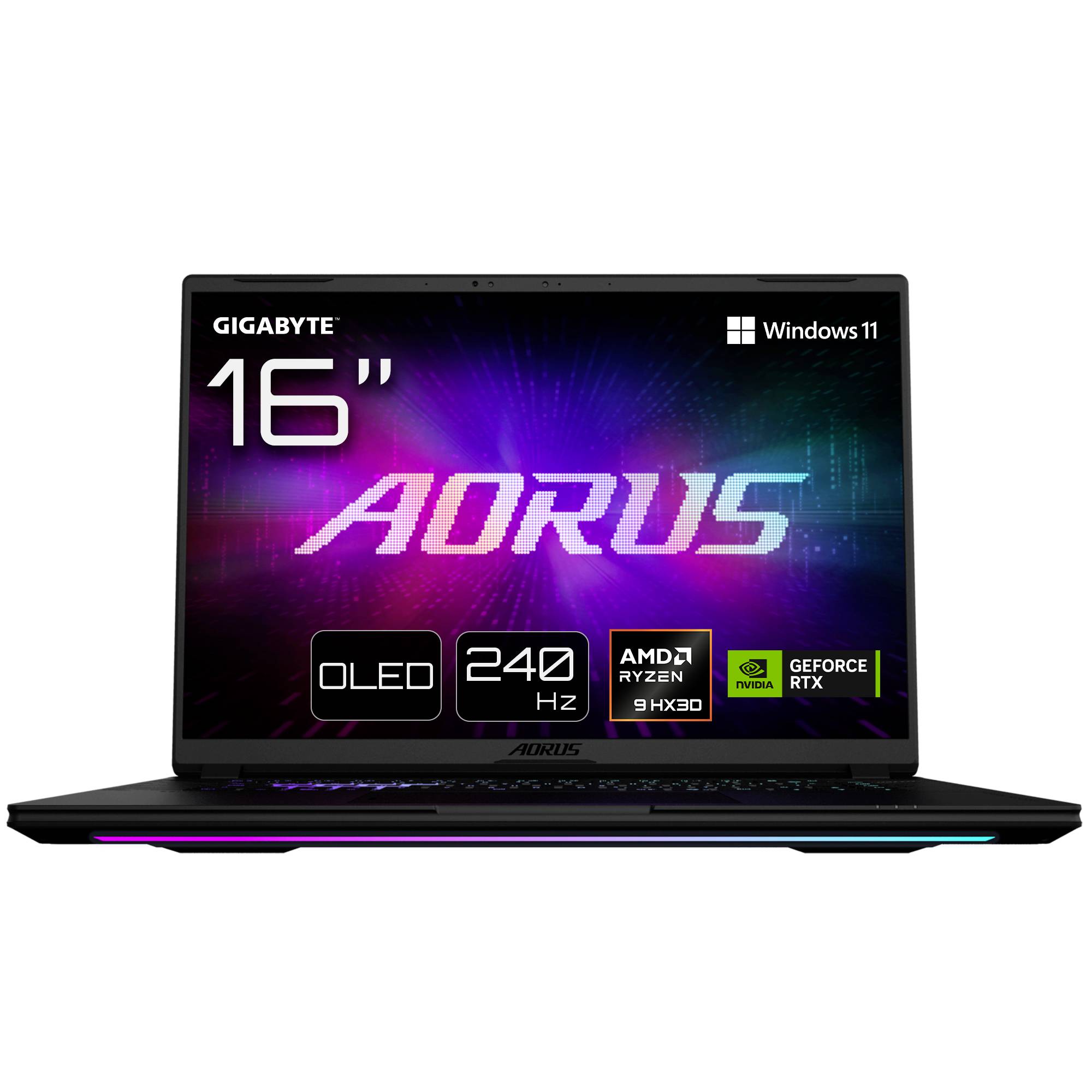 Ordinateur portable Gigabyte AORUS 16 pouces affichant OLED, 240 Hz, AMD Ryzen 9 HX 330, GeForce RTX et la marque Windows 11.