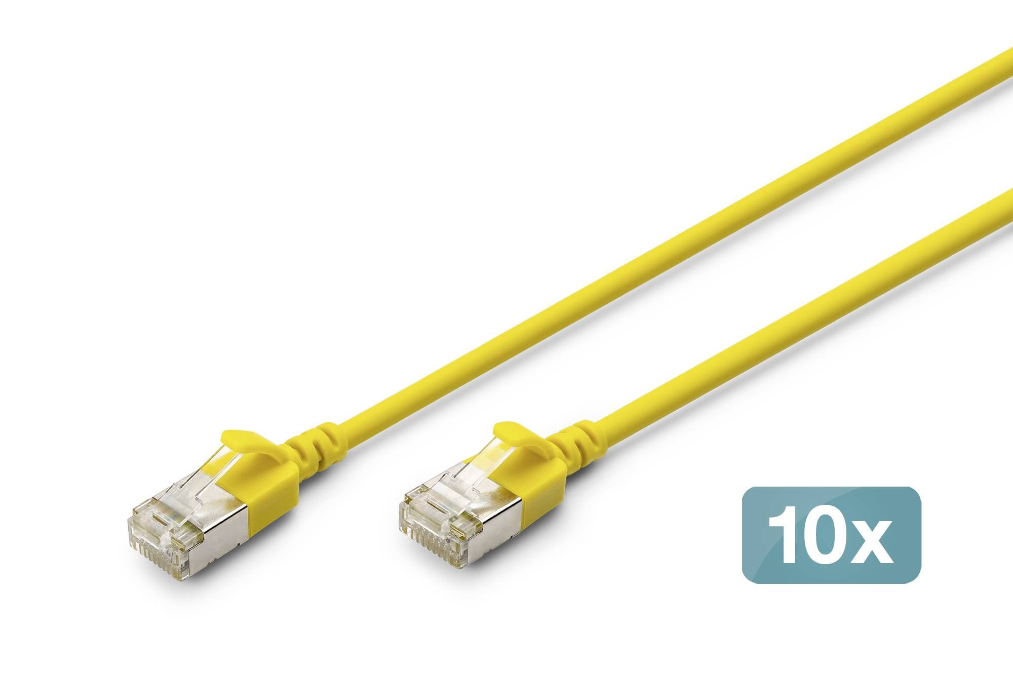 Deux câbles réseau Ethernet jaunes avec des connecteurs RJ45 transparents, étiquetés « 10x » dans une boîte bleue.