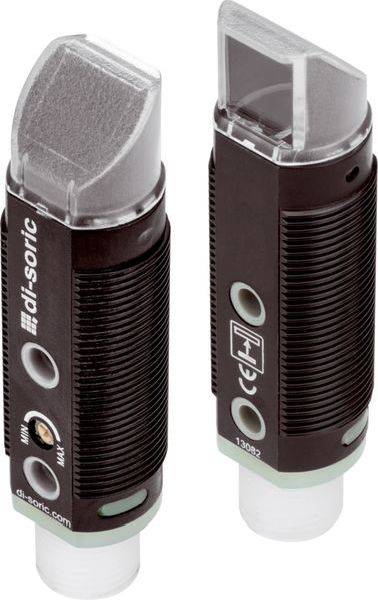 Deux composants de capteur cylindriques noirs avec des capuchons de protection transparents, présentés côte à côte sur un fond blanc.