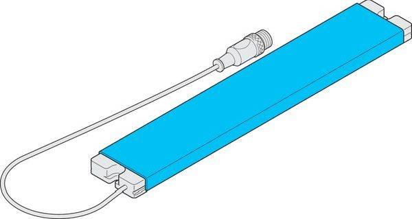 Illustration d'un appareil rectangulaire bleu avec un câble connecté à une extrémité et un petit connecteur s'insérant dans l'autre extrémité, affiché sur un fond blanc.