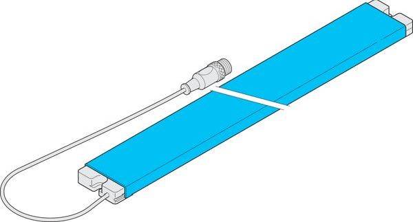 Illustration d'un dispositif rectangulaire bleu avec un câble connecté et une petite prise/connecteur à une extrémité, présenté sur un fond blanc.