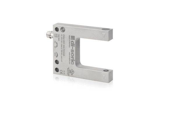 Capteur industriel en forme de C métallique ou cellule de charge avec un connecteur fileté, présenté sur un fond blanc.