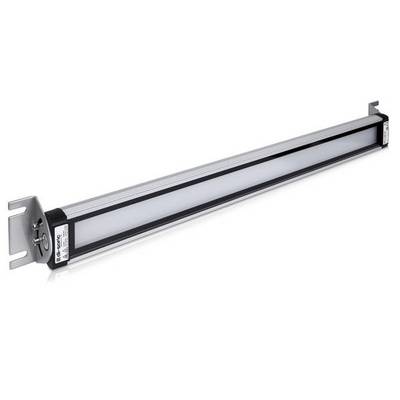 Luminaire linéaire LED rectangulaire long avec des supports de montage métalliques aux deux extrémités, présenté sur un fond blanc.