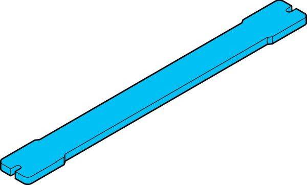 Bande en plastique bleu allongée avec extrémités dentelées, présentée isolée sur un fond blanc.