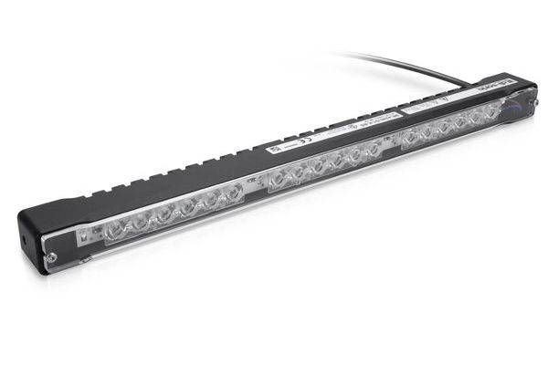 Barre lumineuse LED noire avec un long lentille transparente et un câble d'alimentation attaché, présentée sur un fond blanc.