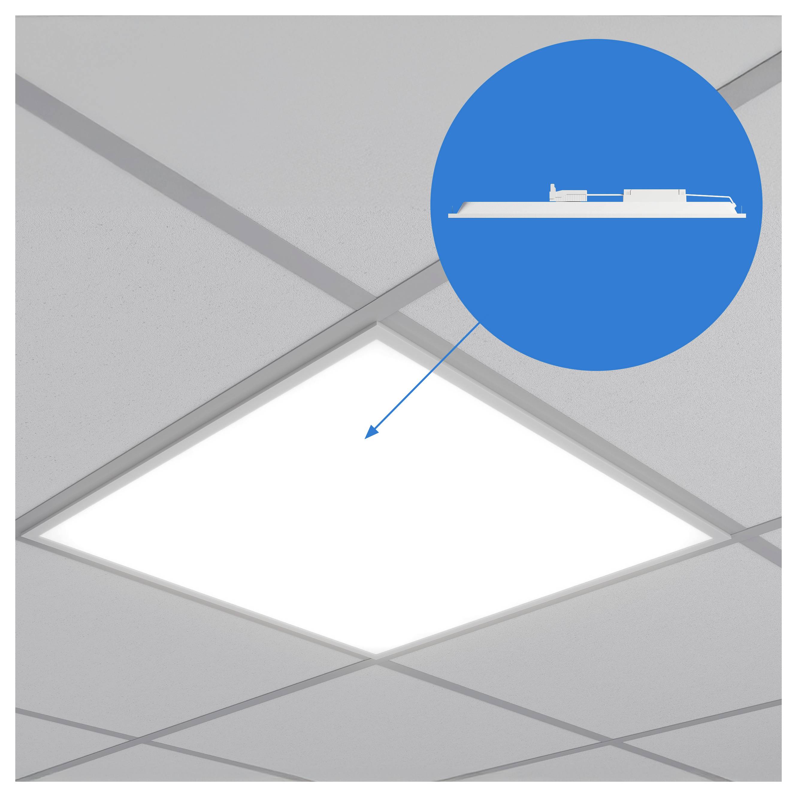 Panneau de plafond LED carré encastré montré dans un faux plafond, avec détail encadré du profil de la structure mince.