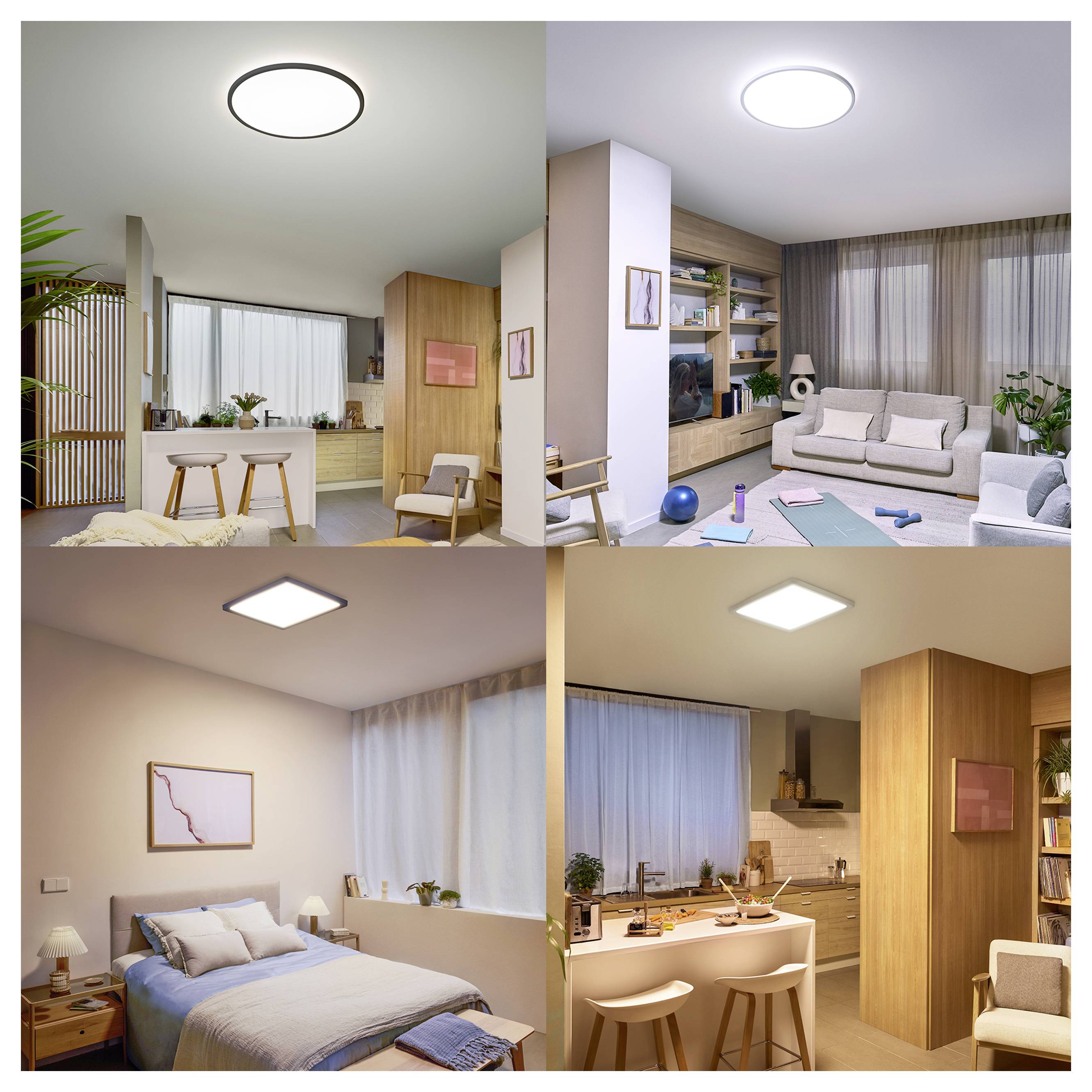 Quatre vues d'un intérieur d'appartement moderne, montrant une cuisine ouverte et un espace de vie, une chambre à coucher, et un petit coin cuisine avec des meubles en bois clair et une décoration neutre.