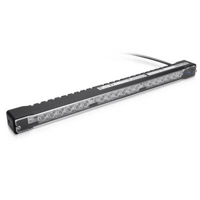 Barre lumineuse LED rectangulaire noire avec lentille transparente et câble d'alimentation attaché, présentée sur un fond blanc.