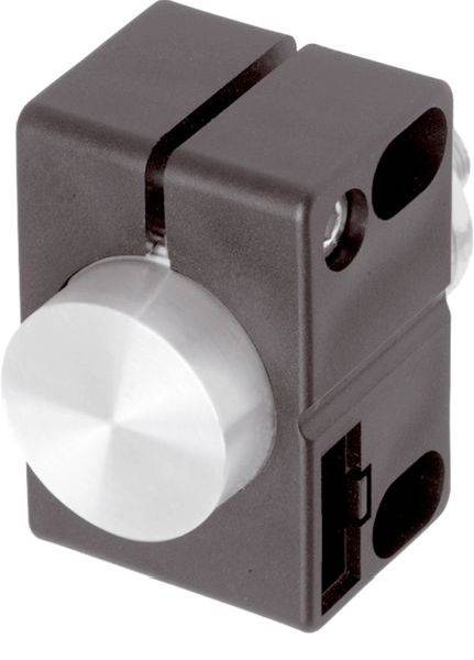 Gros plan d'un bouton rotatif gris de type industriel ou d'une vis d'ajustement sur un bloc de montage noir.