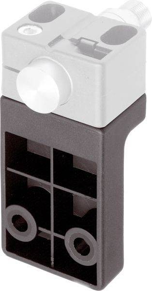 Gros plan d'un petit connecteur mécanique en plastique gris et noir ou module capteur avec un bouton d'ajustement blanc sur le dessus.