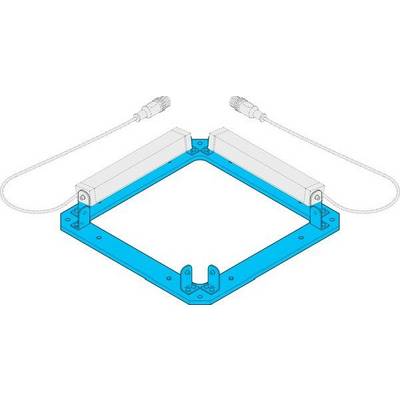 Diagramme isométrique d'un cadre métallique carré bleu avec deux modules rectangulaires blancs montés sur le dessus et des boucles de câble s'étendant des deux extrémités.