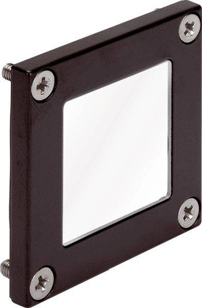 Plaque de montage carrée en métal brun foncé avec une ouverture rectangulaire centrale et quatre vis d'angle, présentée sur fond blanc.