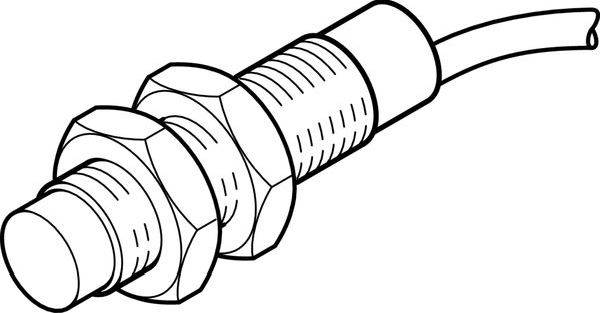 Dessin au trait d'un capteur cylindrique fileté avec un écrou hexagonal et un câble s'étendant d'une extrémité.