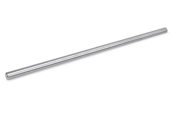 Une longue tige ou un long tube métallique cylindrique posé en diagonale sur un fond blanc.