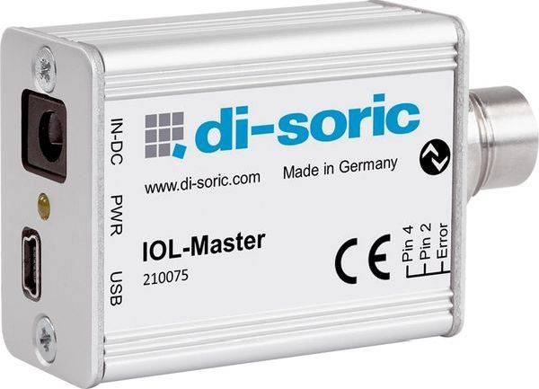 Module de capteur industriel di-soric IOL-Master avec ports IN-DC, PWR et USB, étiqueté « Fabriqué en Allemagne » et « IOL-Master 210075 »