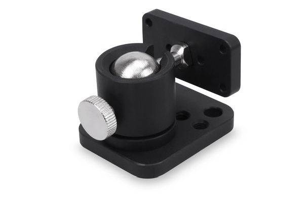 Monture à rotule ajustable en métal noir avec un bouton de serrage argenté et une plaque de base sur un fond blanc.