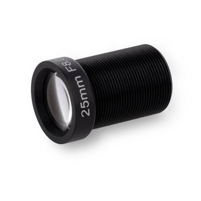 Objectif de caméra fileté noir ou adaptateur d'objectif étiqueté « 25mm F8 » sur un fond blanc.