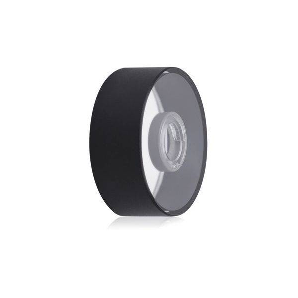 Roue ou rouleau cylindrique noir avec un moyeu central transparent, présenté isolé sur un fond blanc.