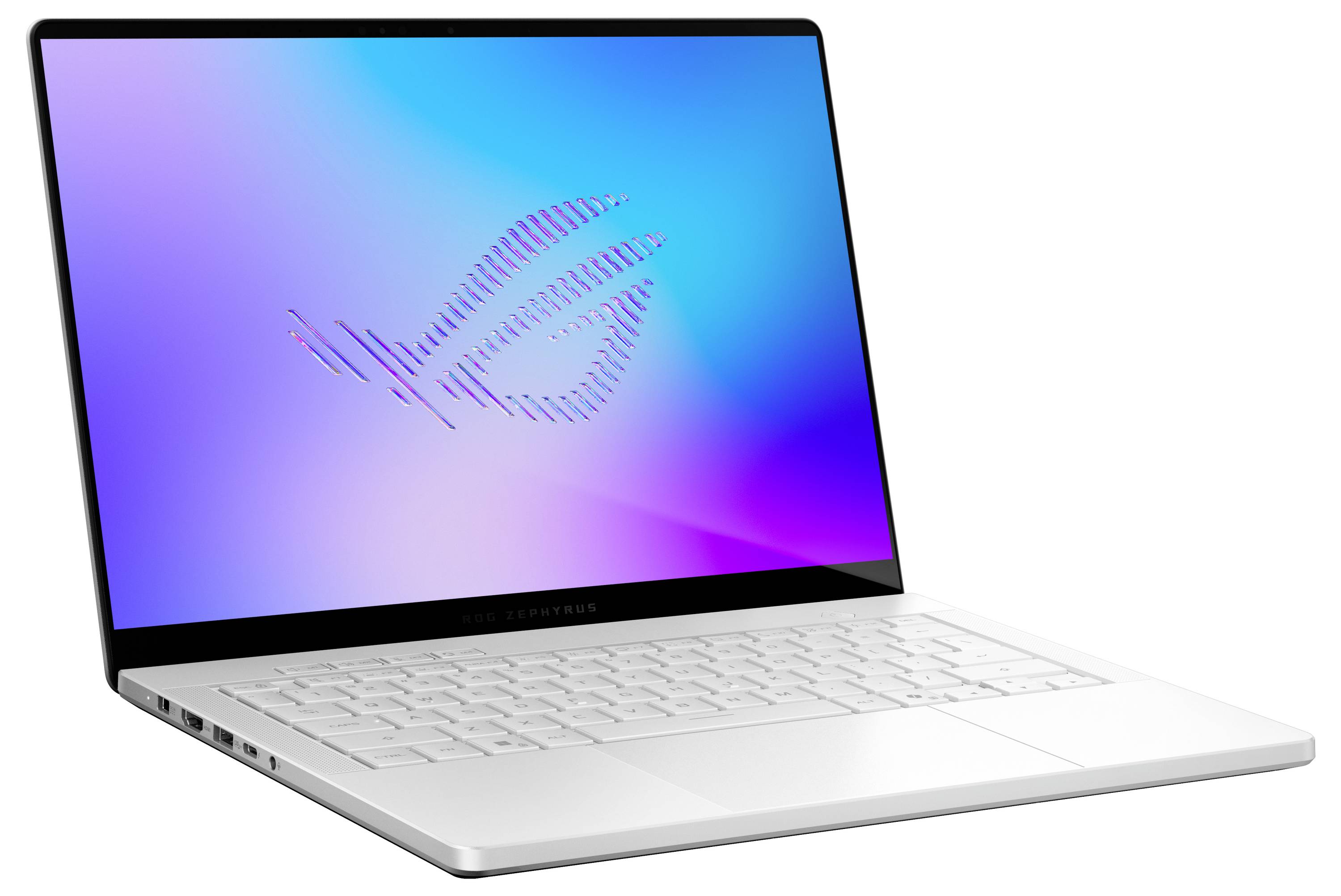 Ordinateur portable ASUS ROG blanc affiché ouvert sur un fond uni, avec le logo ROG affiché sur l'écran.