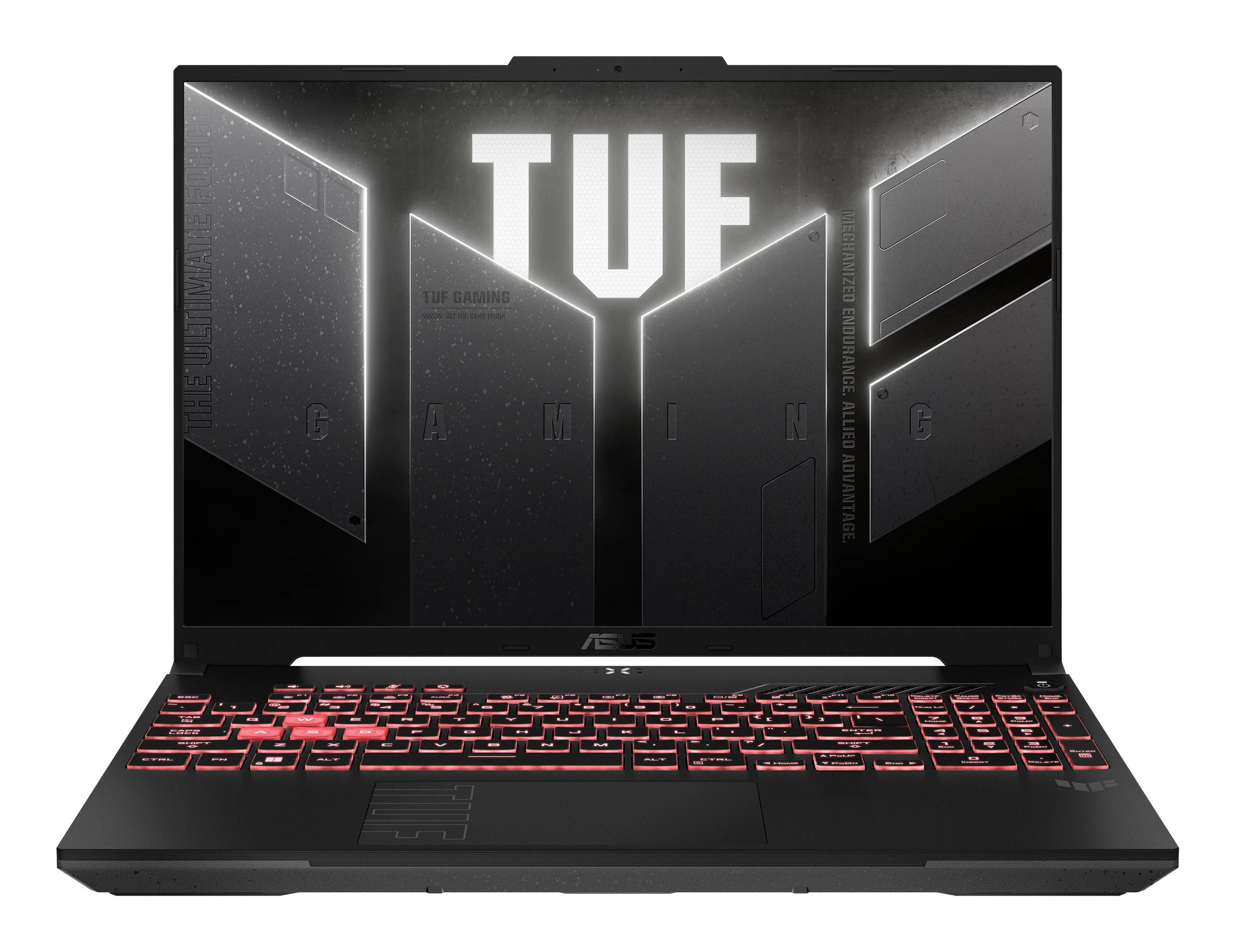 Ordinateur portable de jeu ASUS TUF noir montré ouvert, avec un clavier rouge brillant et le logo TUF GAMING affichés sur l'écran.