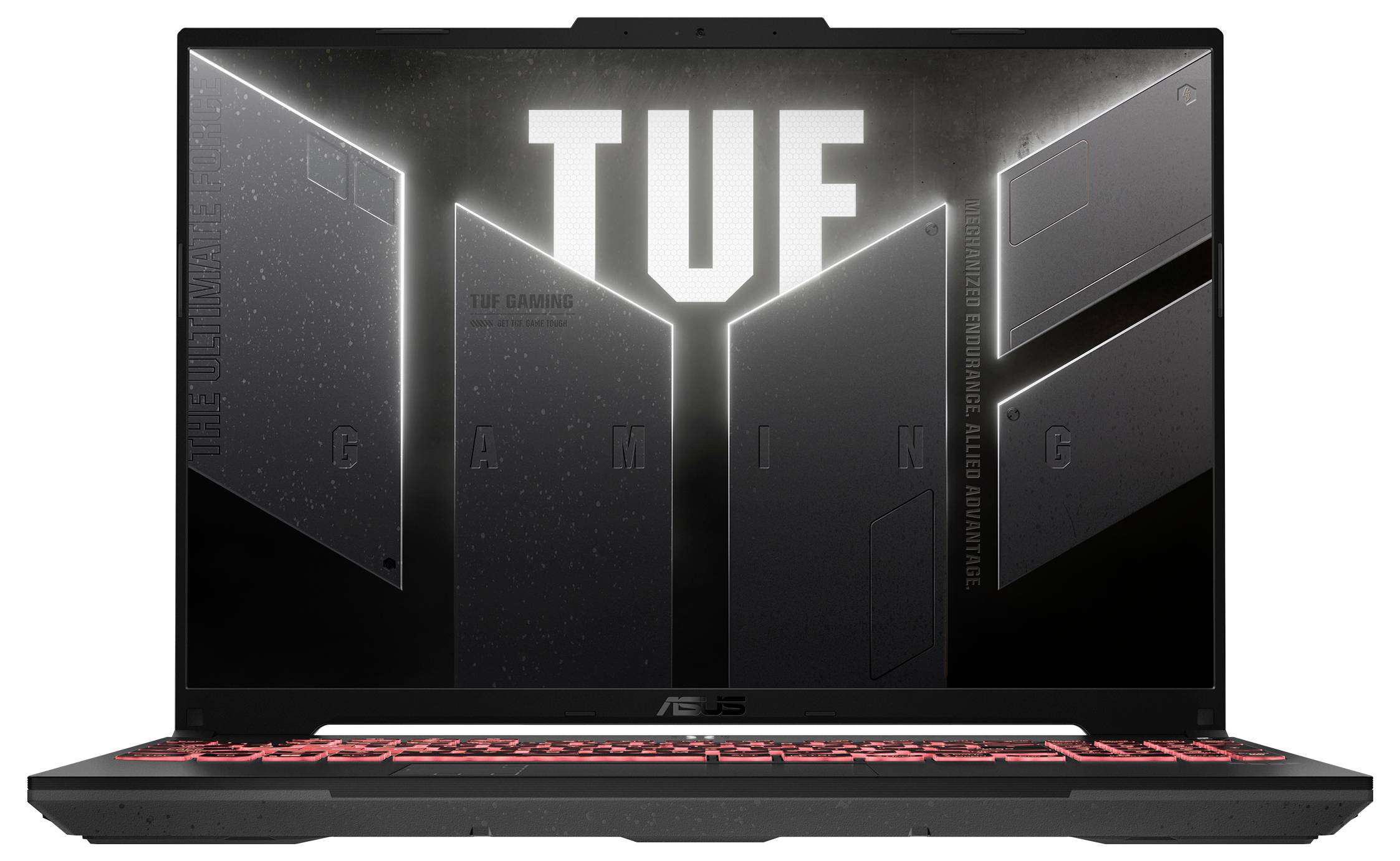 Portable ASUS TUF Gaming ouvert, affichant un design noir de style militaire et un clavier rétroéclairé rouge. L'écran affiche le grand logo « TUF GAMING ».