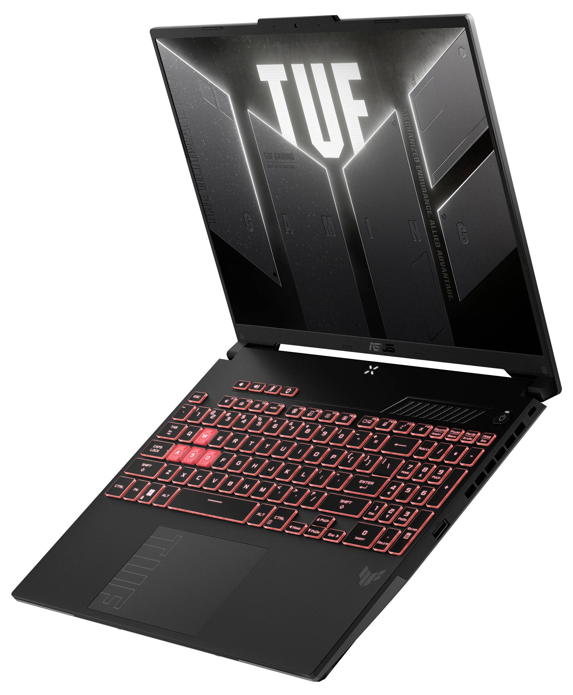 Ordinateur portable de jeu noir ouvert avec clavier rétroéclairé rouge et logo 'TUF' affiché à l'écran, présenté en angle sur un fond blanc.