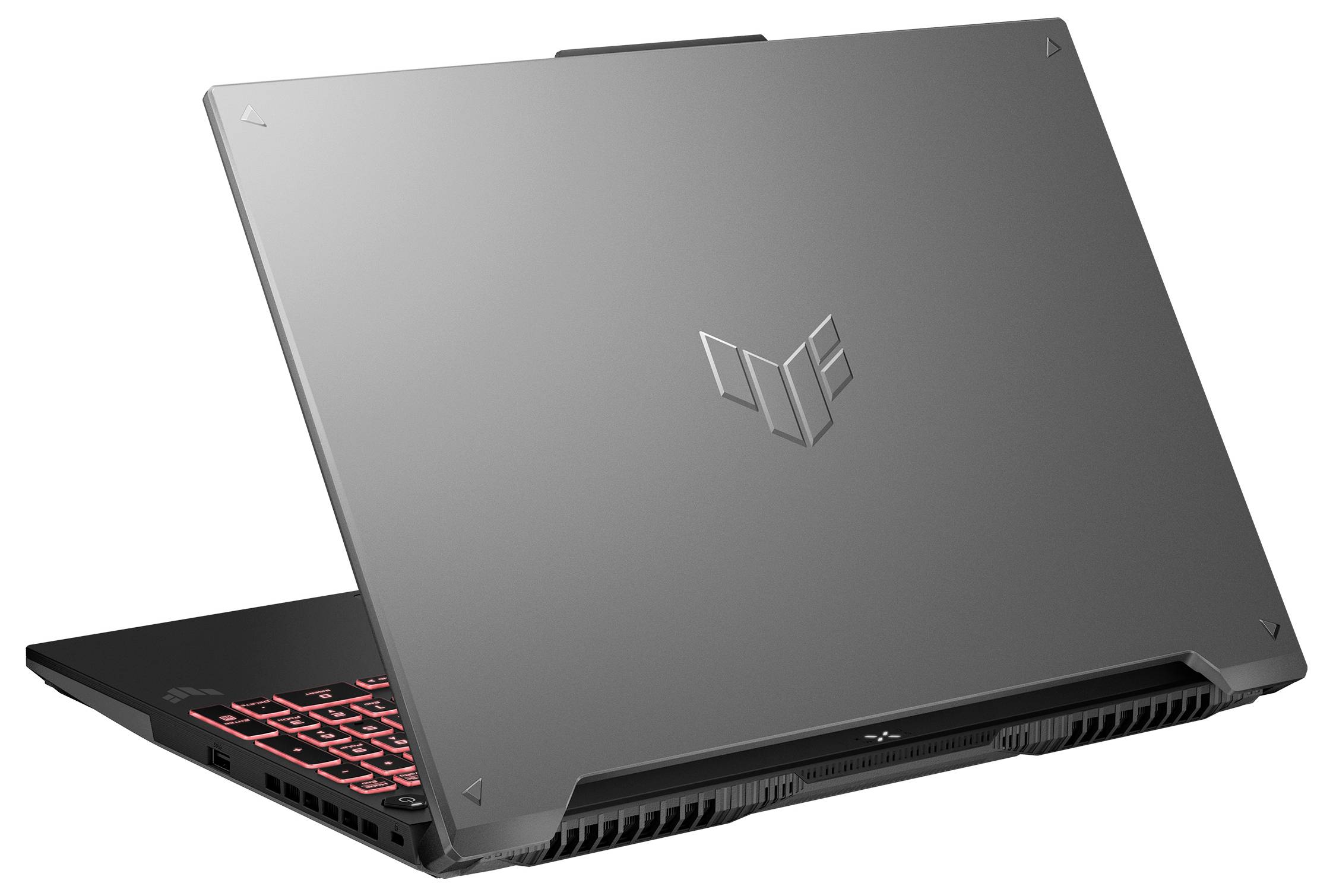 Ordinateur portable de gaming gris foncé fermé, vu de l'arrière-gauche, montrant un clavier rougeoyant rouge et des aérations arrière.
