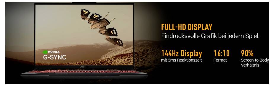 Ordinateur portable dotée d'un écran Full HD, fréquence de rafraîchissement 144Hz, format 16:10, rapport écran-boîtier de 90%, et NVIDIA G-SYNC.