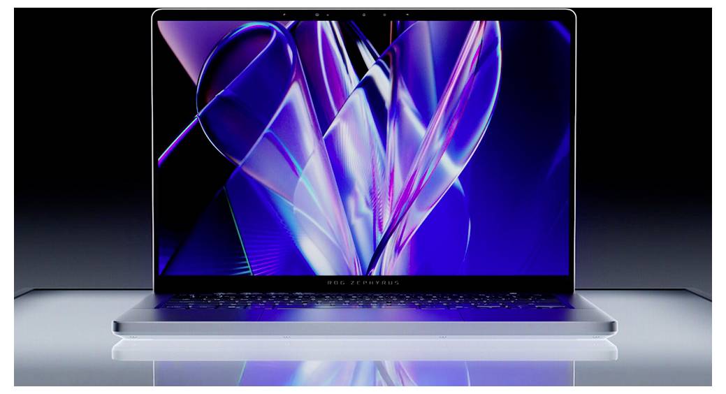Ordinateur portable ouvert affichant un fond d'écran abstrait coloré avec des vagues de néon sur l'écran, vu de face sur un fond sombre.