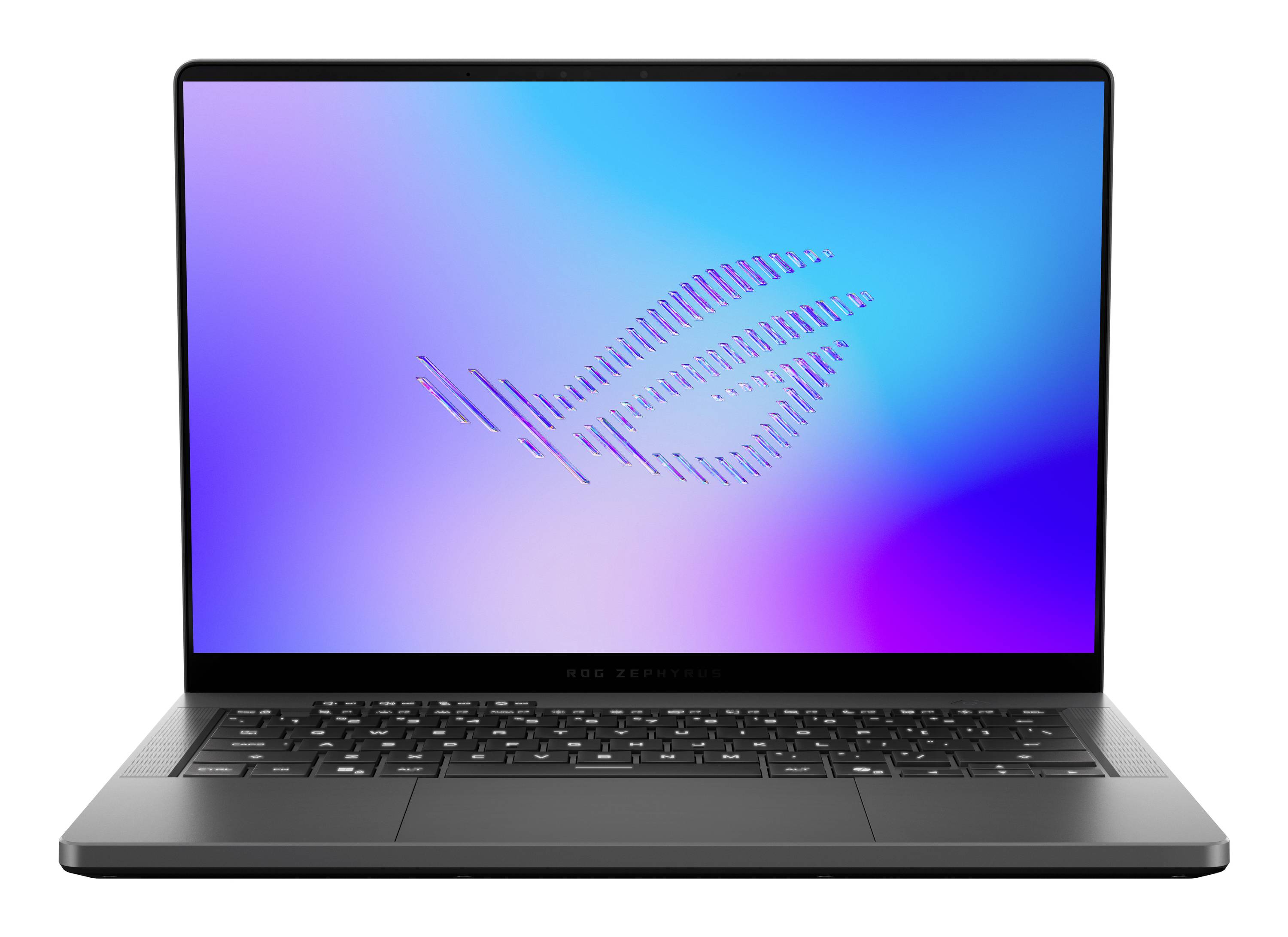 Un ordinateur portable affichant une vue de face avec un écran dégradé bleu-violet coloré et un logo rayé abstrait sur l'affichage.