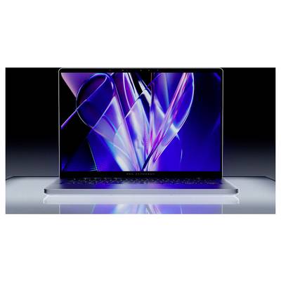 Un ordinateur portable en argent avec un grand écran affichant des rubans lumineux abstraits bleus, violets et roses sur un fond sombre.