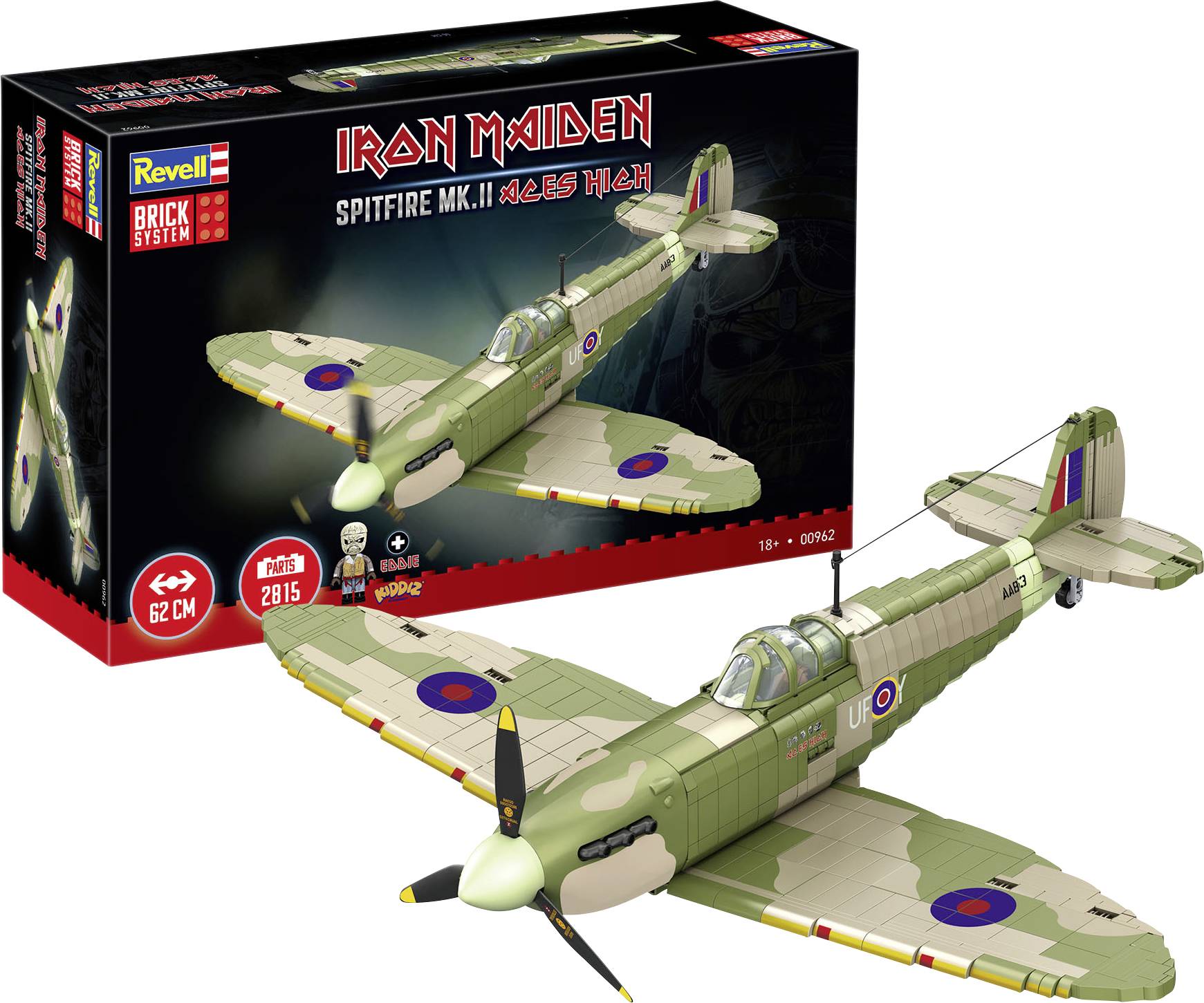 Boîte de maquette Revell Iron Maiden Spitfire Mk II et avion assemblé, chasseur en camouflage avec la marque Iron Maiden et une envergure de 62 cm.