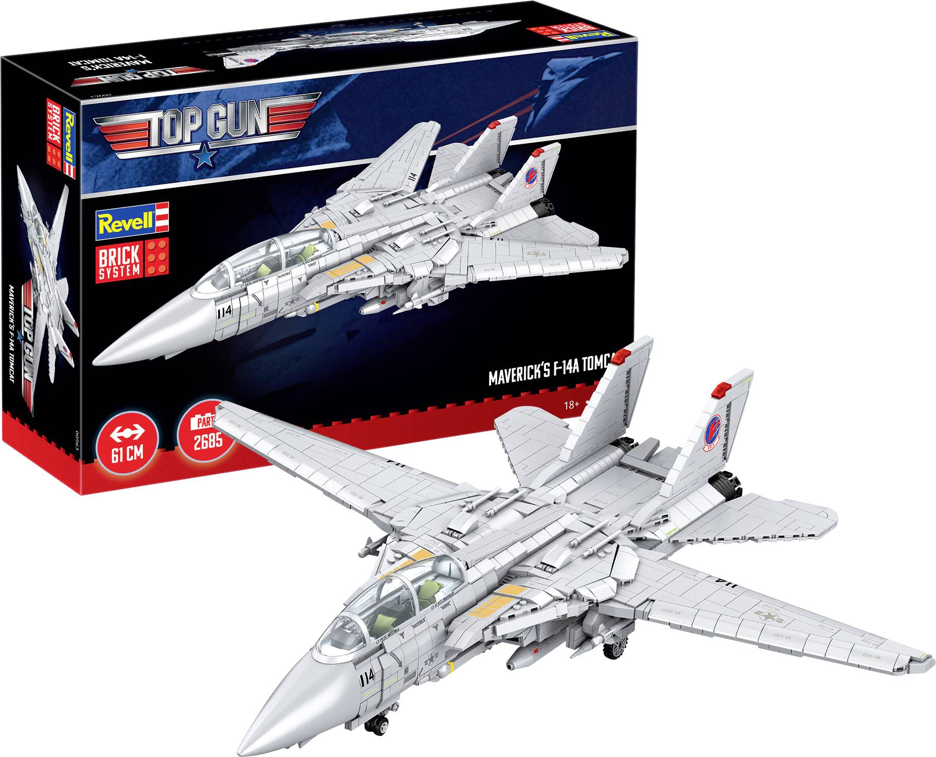 Modèle de style LEGO d'un avion de chasse gris, montrant l'avion construit à côté de sa boîte « TOP GUN » étiquetée « F/A-18 TOMCAT DE MAVERICK ».
