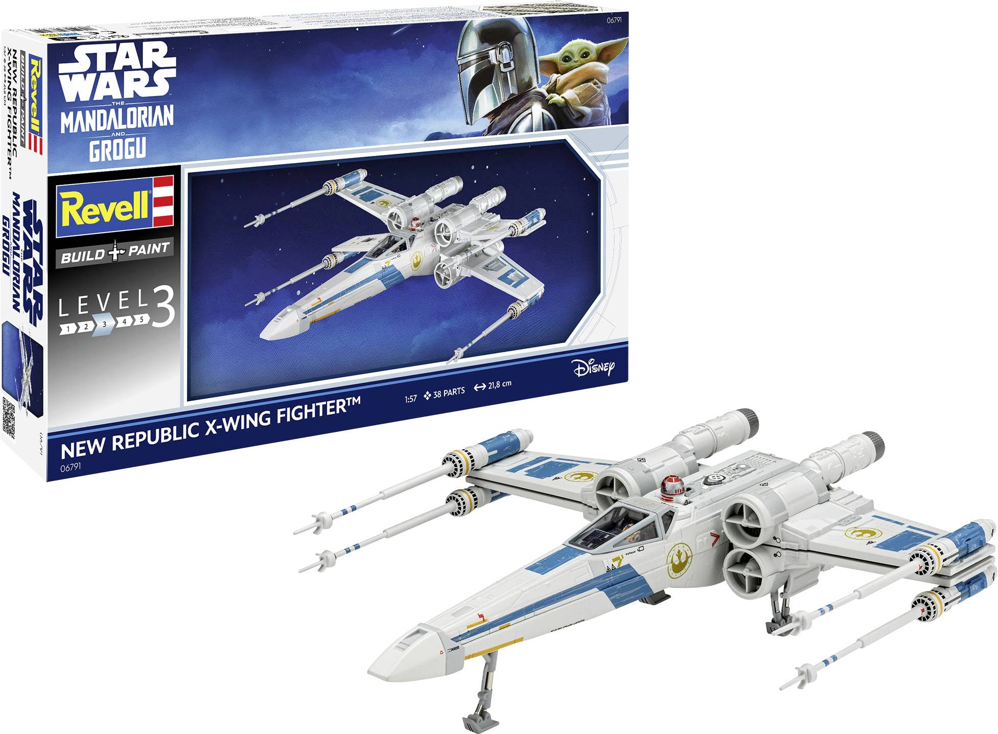 Boîte et modèle assemblé d'un kit de chasseur X-wing de la Nouvelle République Grogu de Star Wars Le Mandalorien Revell Niveau 3.