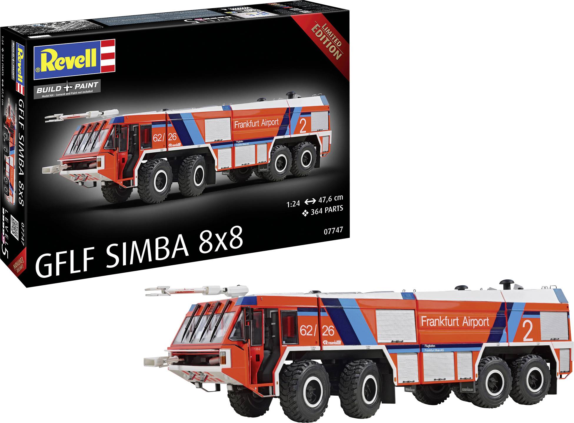 Boîte de kit de maquette Revell GFLF Simba 8x8 et camion de pompiers d'aéroport assemblé, véhicule « Frankfurt Airport » orange et bleu montré sur fond blanc.