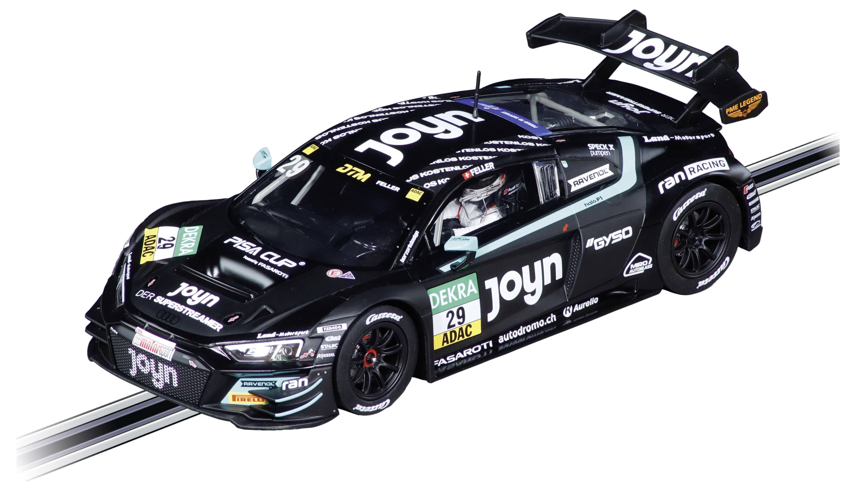 Voiture de course noire avec les logos Joyn et d'autres sponsors, présentée en vue trois-quarts avant sur fond blanc.