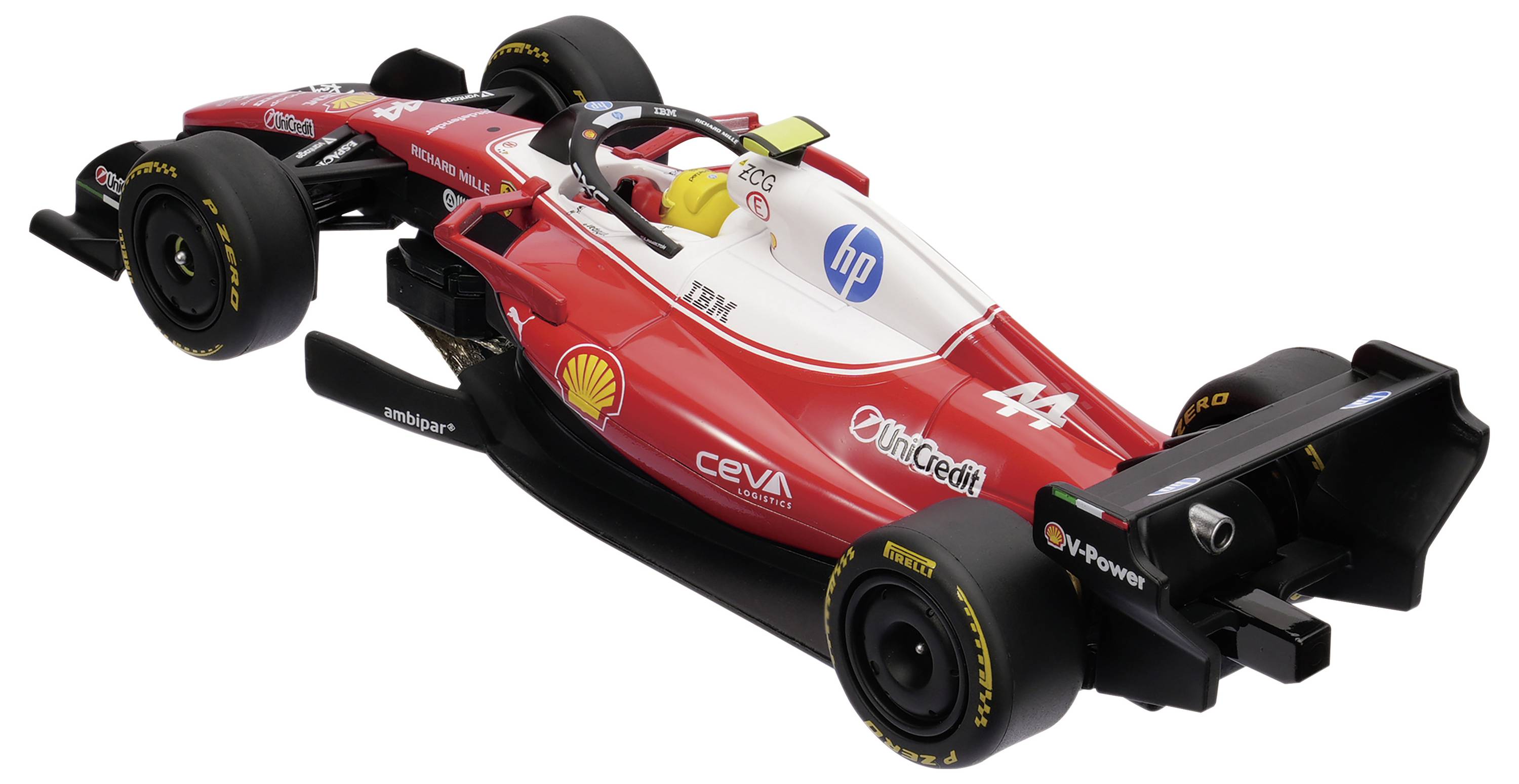 Voiture de course Ferrari Formula 1 rouge sur un fond blanc, présentée en vue trois-quarts avec logos de sponsors et cockpit ouvert.
