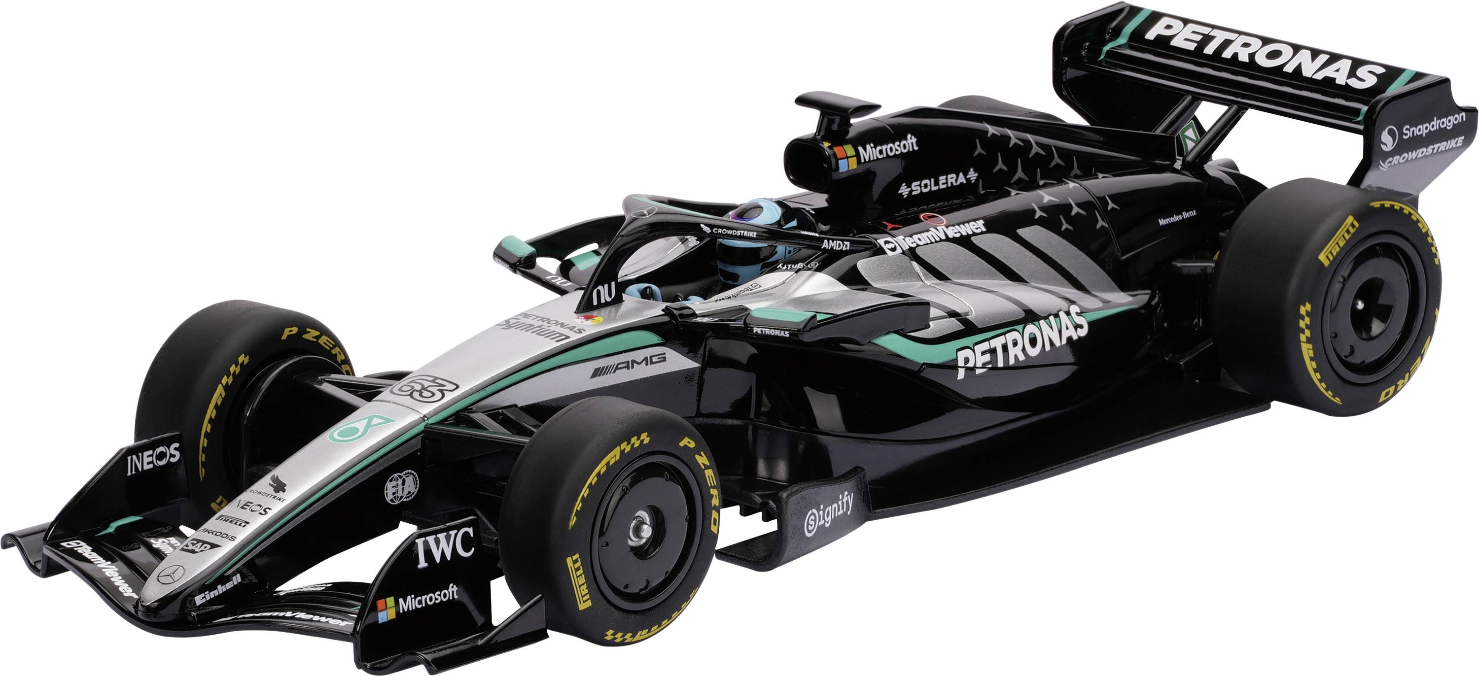 Voiture de course Formula 1 Mercedes noire avec les logos PETRONAS et d'autres sponsors sur un fond blanc.