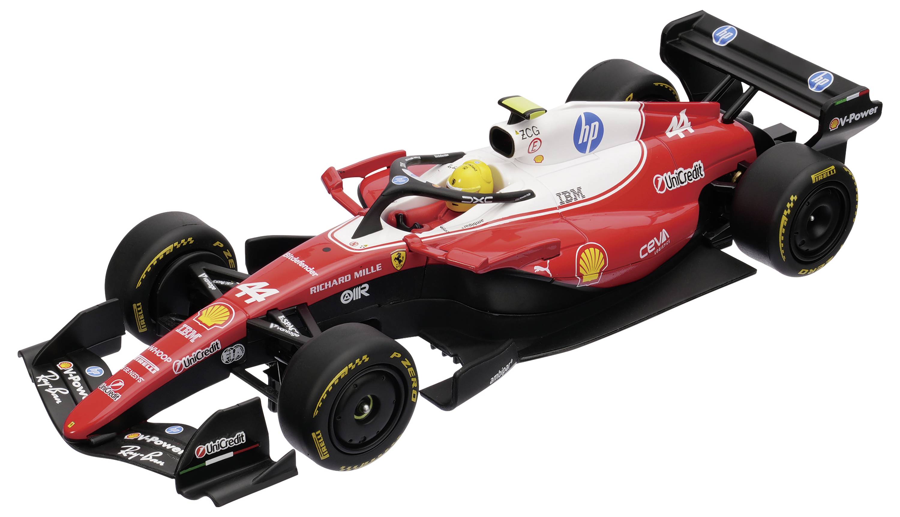Voiture de course Formule 1 rouge et noire sur fond blanc, présentée en vue trois-quarts avec logos de sponsors et grand aileron arrière.
